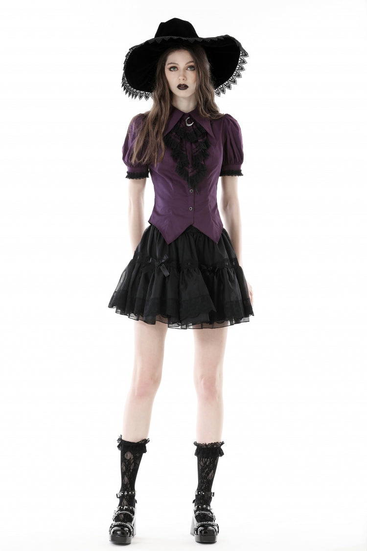 Blouse gothique pour femme à manches courtes bouffantes et col à volants Purple Moon