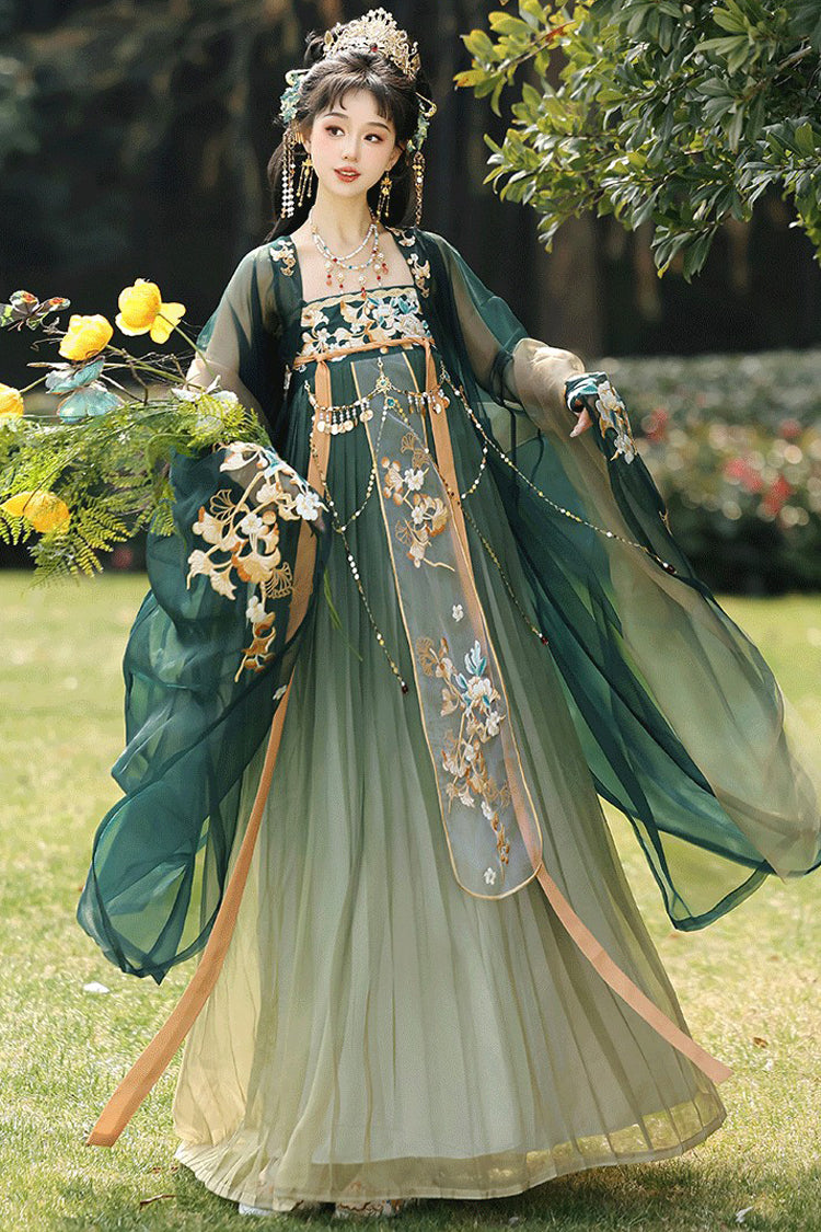 Ensemble de robe Hanfu luxueuse classique brodée taille haute pour femmes, vert [brocart nuage et splendeur printanière]