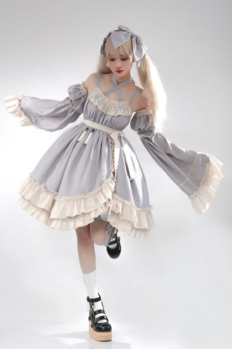 Grey [Monet Estate] Sleeveless High Waisted Ruffle Bowknot Asymmetric Sweet Lolita Jsk Dress
