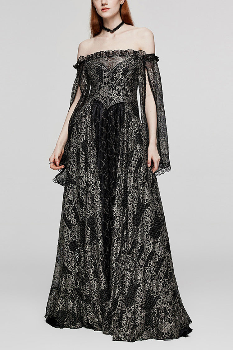 Black/Gold Boat Neck Off Shoulder Print Hollow Stitching Mesh Women's Gothic Dress