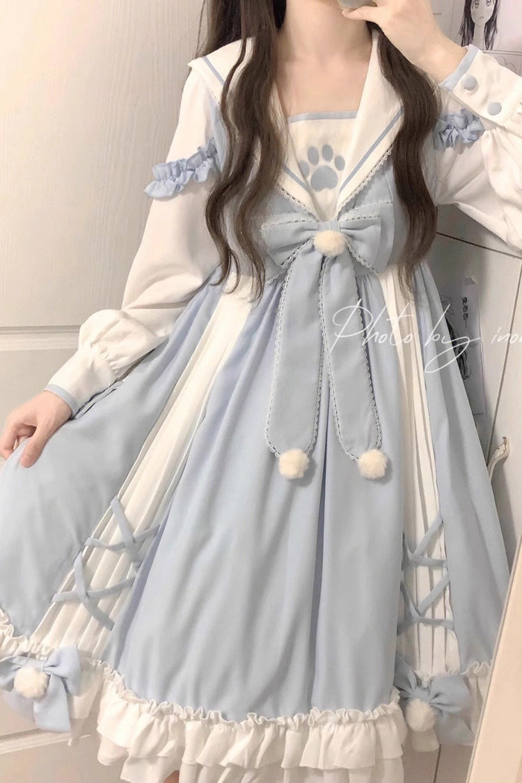 White/Blue Navy Collar Long Sleeves Print Ruffle Bowknot Sweet Princess Lolita Dress