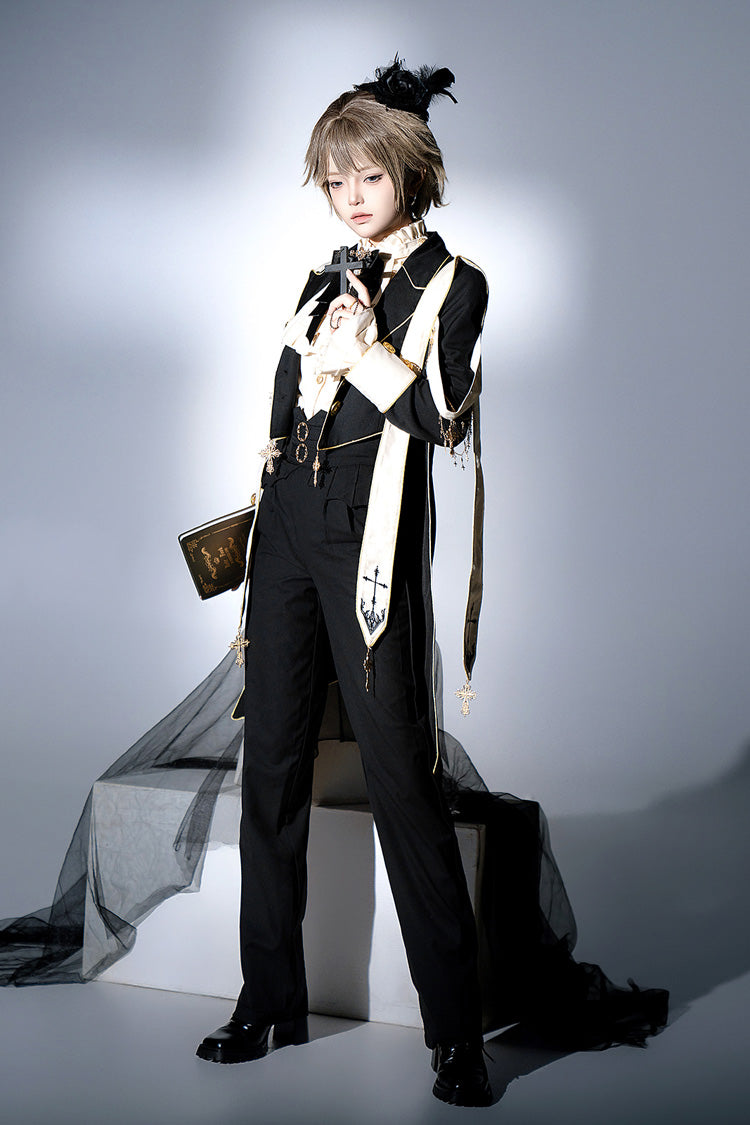 Black Long Sleeves Print Gothic Prince Handsome Ouji Lolita Swallowtail Coat