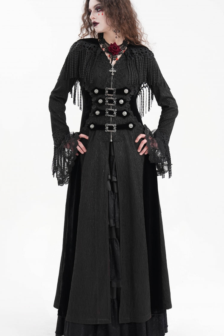 Black Buckle-up Tassels Hooded Women's Gothic Coat