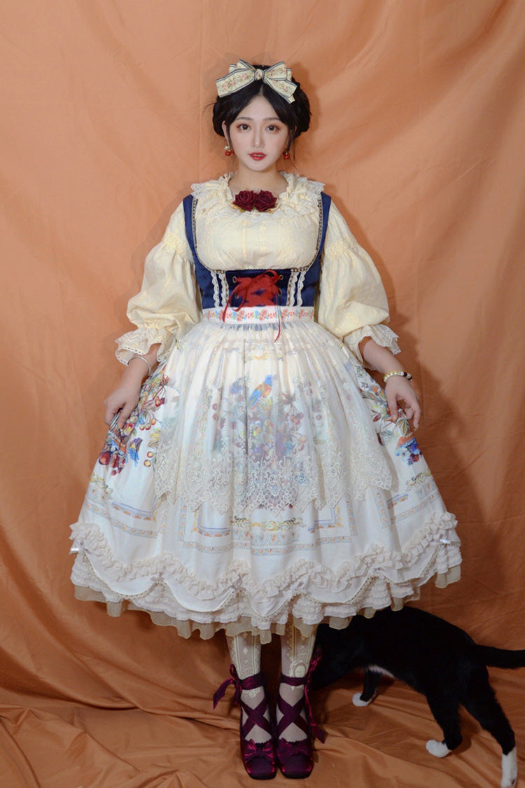 Ivory [Ode to Plenty] Berries and Birds Print Ruffle Bowknot Velvet Classic Lolita Breast Support Jsk Dress