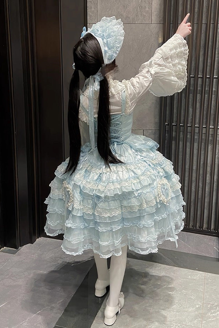 Robe Jsk Sweet Lolita en dentelle à nœud papillon broderie Hanayome à volants multicouches bleu [Sweetheart Diary] 