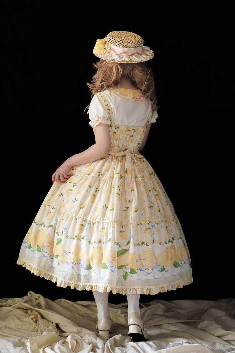 Yellow [Lemon Chicken] Print Ruffle Bowknot Lace Sweet Lolita Jsk Long Dress