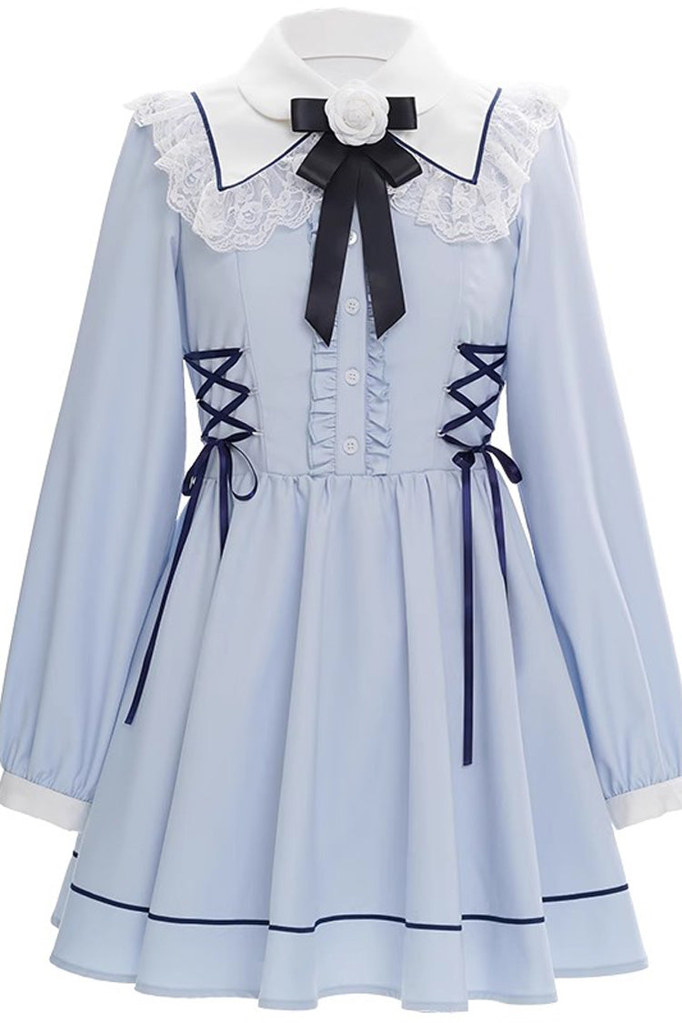 Blue Lapel Collar Long Sleeves Bowknot Lace-Up Jirai Kei Dress