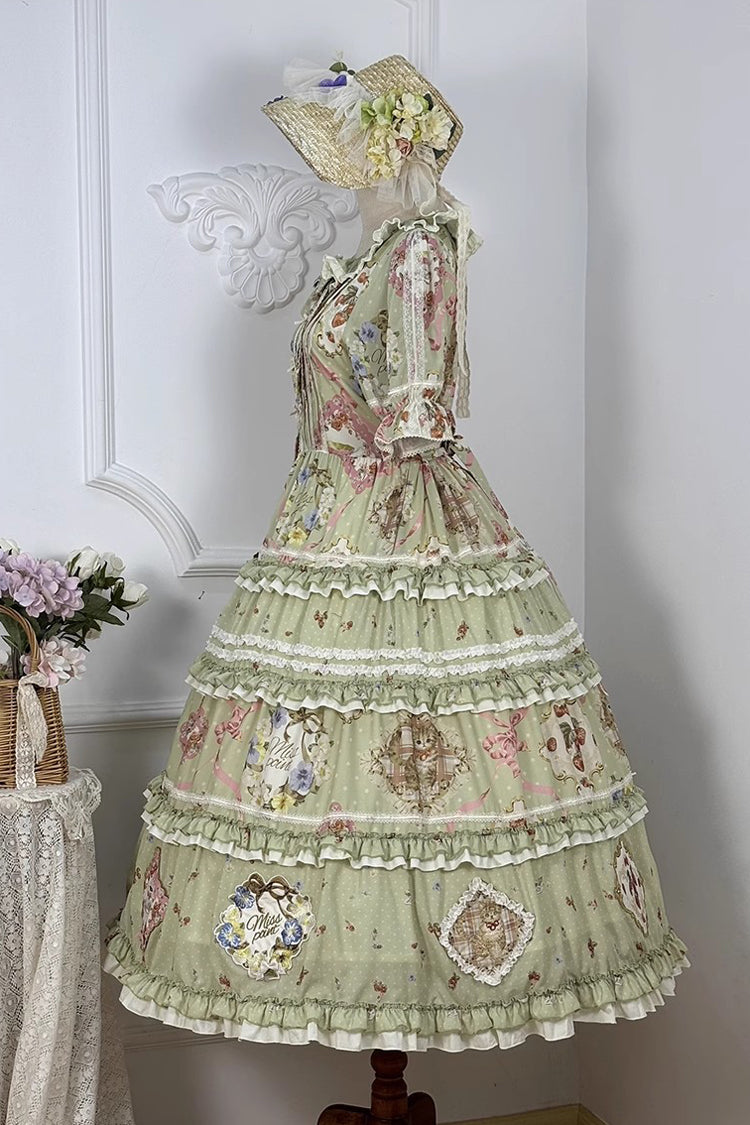 Robe Lolita douce et magnifique à manches courtes avec imprimé à volants et nœud papillon [Thé de Rose Chat Vert] 