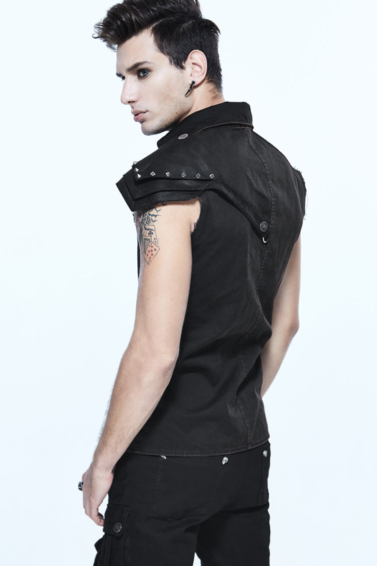 Black Sleeveless Twill One-Shoulder Armor Heat Seal Men's Punk Shirt
