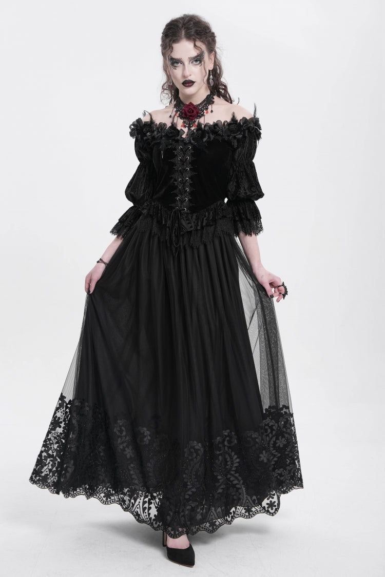 Black Stitching Floral Mesh Women's Gothic Skirt