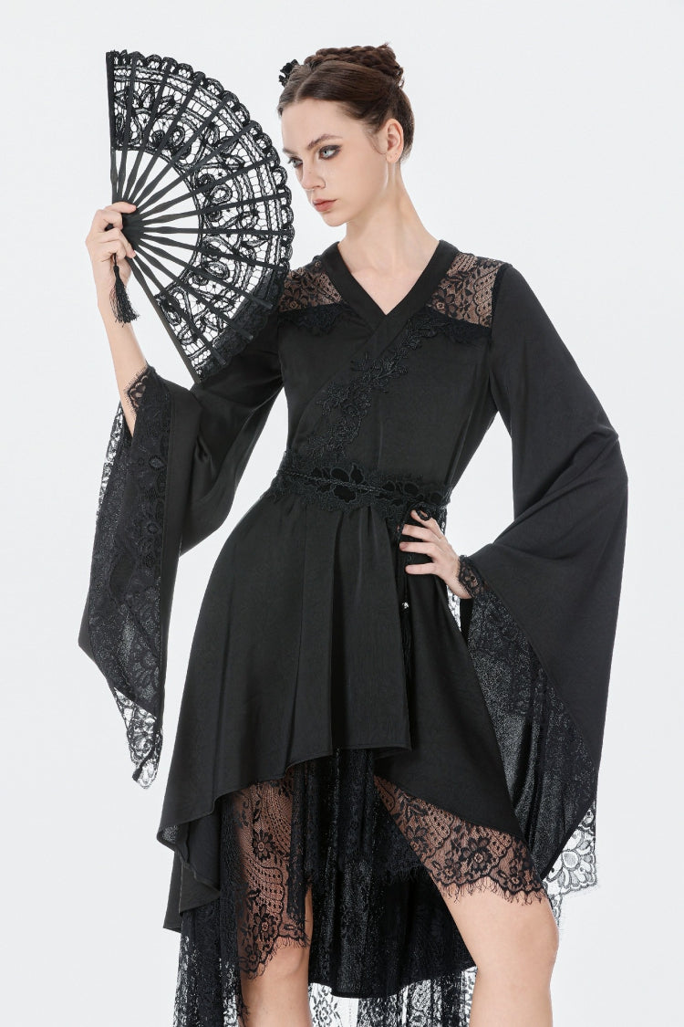 Schwarzer V-Kragen, lange Trompetenärmel, Spitze, transparentes Damen-Gothic-Kimono-High-Low-Langkleid