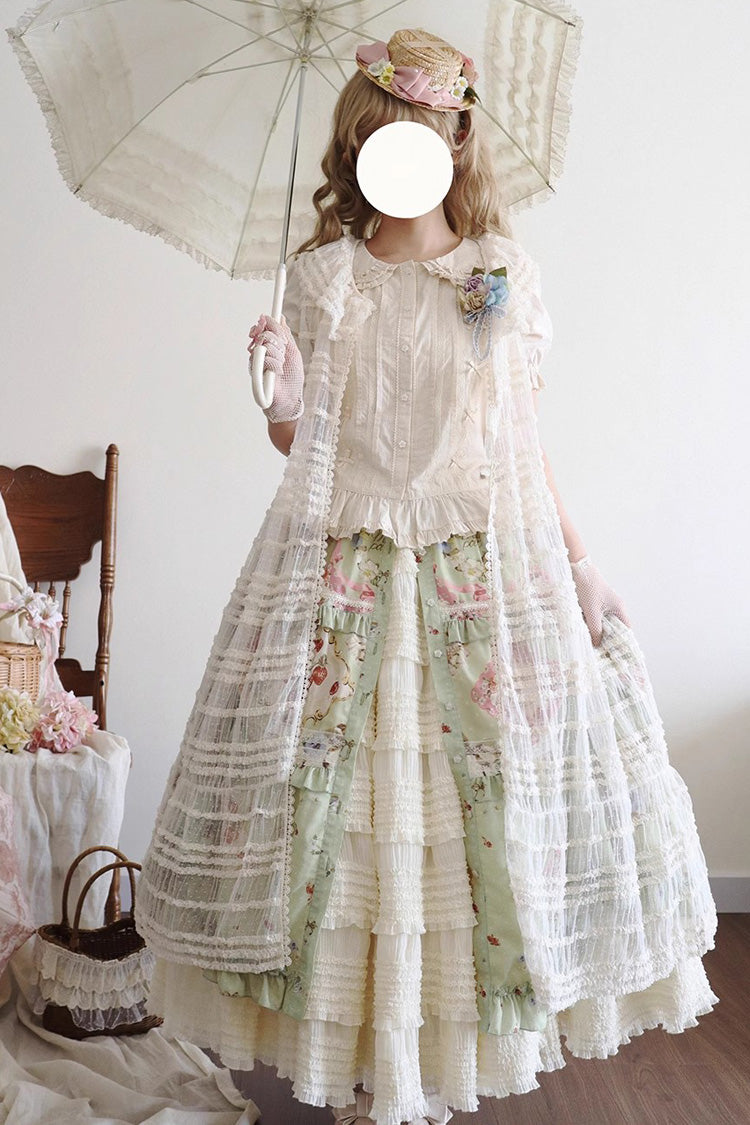 Jupe Lolita douce quotidienne à volants imprimée [Chat Rose Thé] verte 