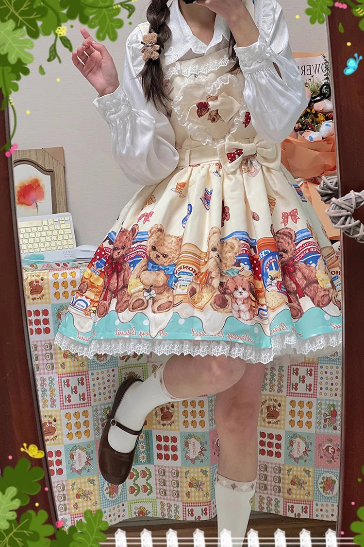 Honey Bear Cafe Print Bowknot Lace Sweet Lolita Jsk Dress 2 Colors