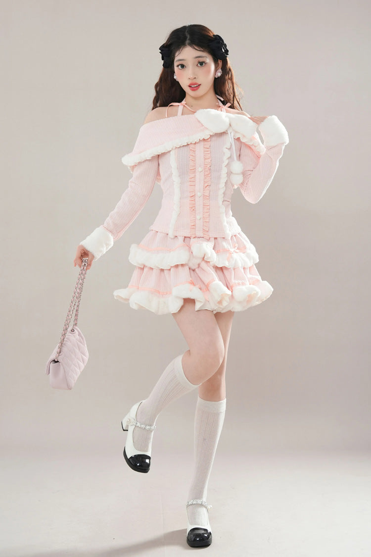 Pink Long Sleeves Ruffle Bowknot Lace Sweet Princess Lolita Tiered Top Skirt Set