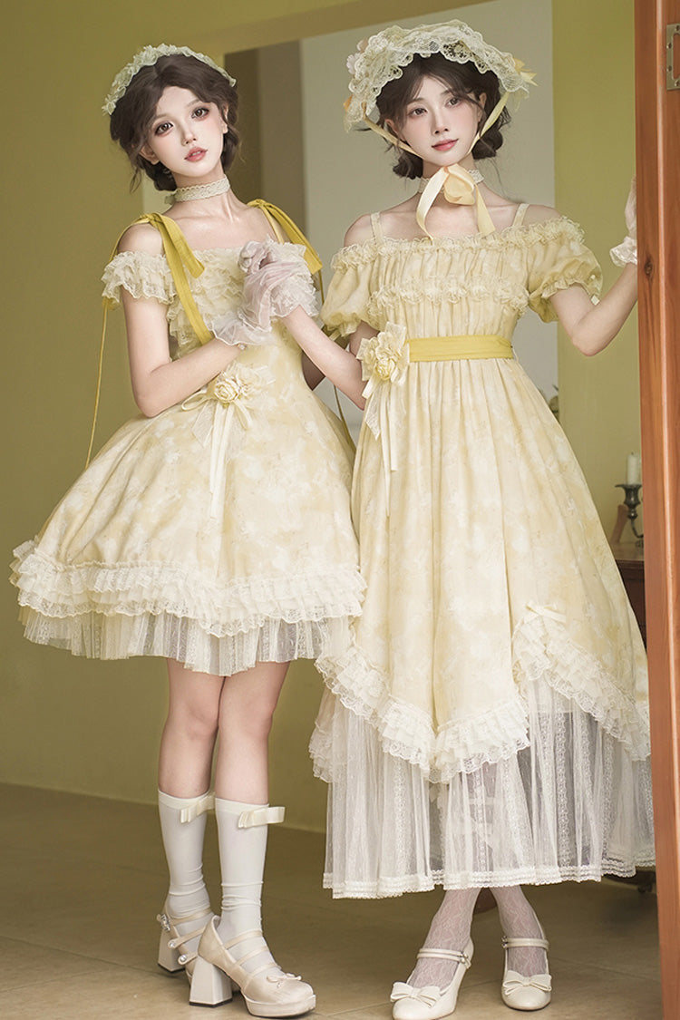 Yellow [Falling Flowers as a Message] Square Collar Flying Sleeves Print Ruffle Lace Sweet Elegant Lolita Short Dress