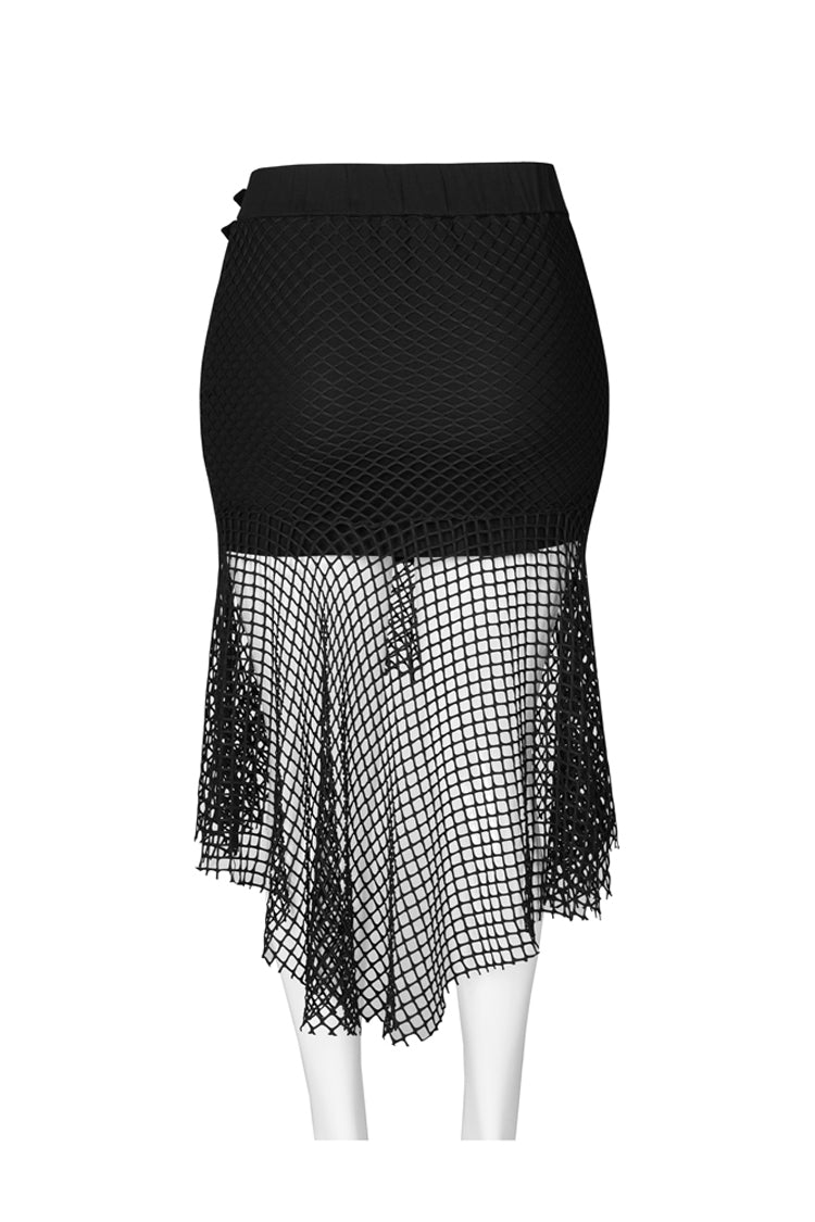Black Side Leather Clasp Splice Rough Mesh Irregular Hem Plus Size Knit Women's Punk Fishtail Skirt