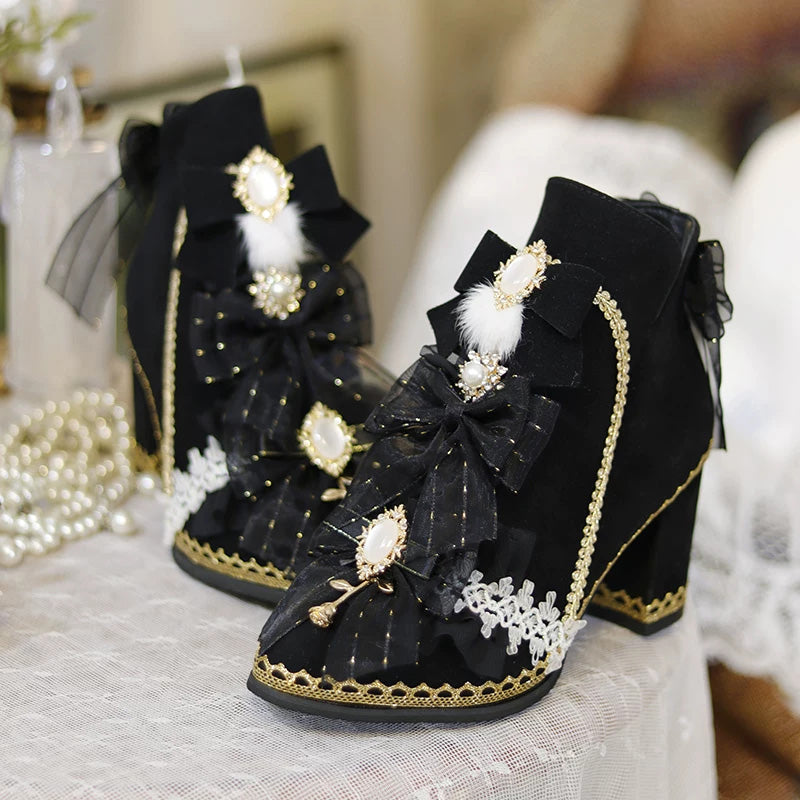 Black Chunky-Heel Pom-Pom Bow Pearl Detail Sweet Luxurious Warm Lolita Ankle Boots