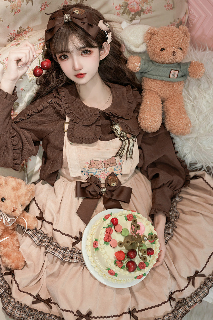 Khaki [Cute Bear] Embroidery Print Sleeveless Double-Layered Ruffle Bowknot Sweet Lolita Jsk Dress