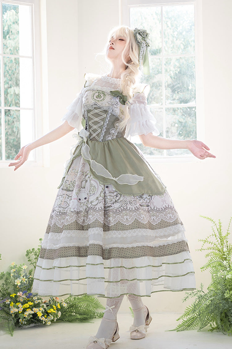 Green [Teacup Rabbit] Multi-Layered Print Ruffle Embroidery Bowknot Lace Asymmetric Sweet Elegant Lolita Jsk Dress