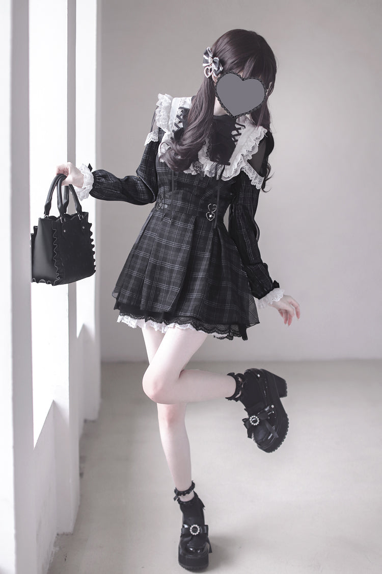 Black [Angel Heartbeat] Long Sleeves Plaid Print Ruffle Bowknot Lace Sweet Jirai Kei Japanese Dress