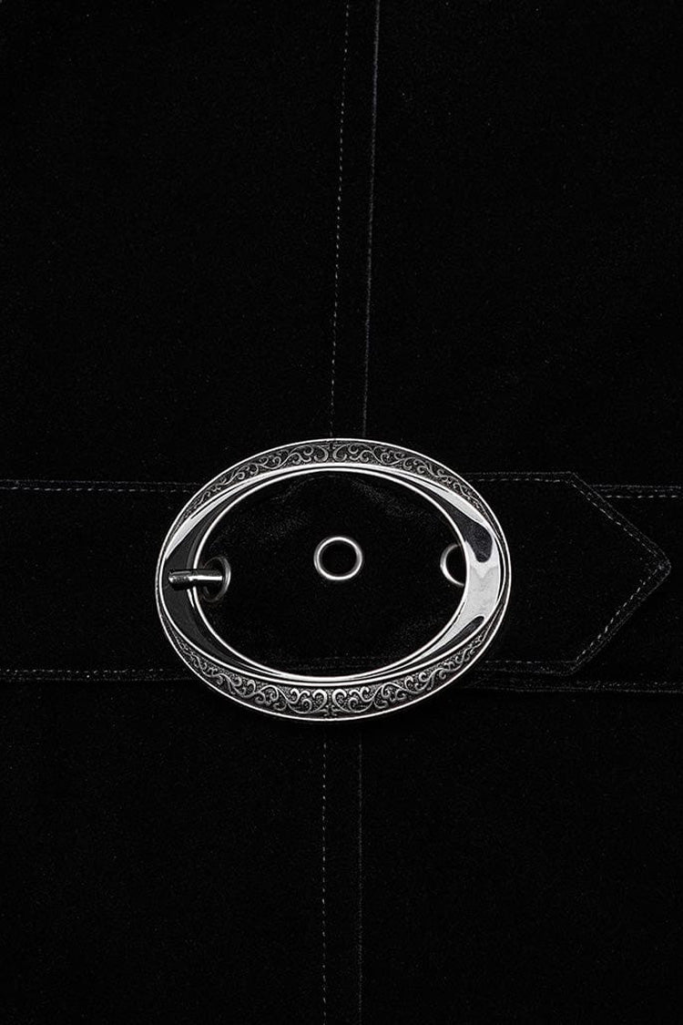 Black Stand Collar Jacquard Print Waist Cord Decoration Mens Gothic Mid Length Coat
