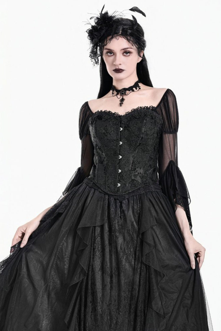Schwarzes Jacquard-Spitzenbesatz-Schnür-Damen-Gothic-viktorianisches Vollbrustkorsett