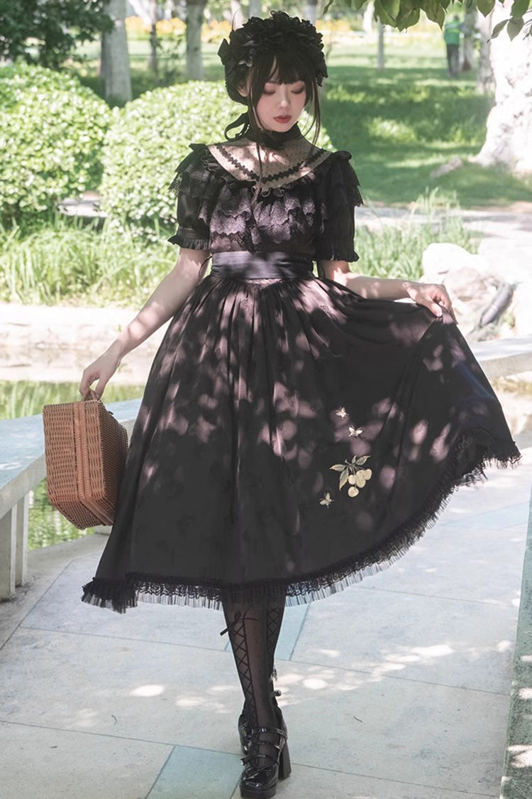 ブラックデイジープリントチェリー刺繍エドワードカラー半袖ゴシックロリータドレス