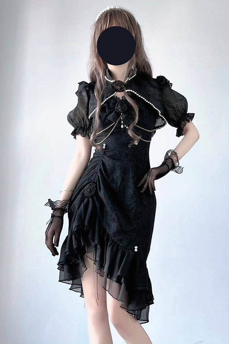 Black [Camellia 2.0] Sleeveless Jacquard Ruffle Lace Asymmetric Gothic Chinese Style Fishtail Lolita Jsk Dress