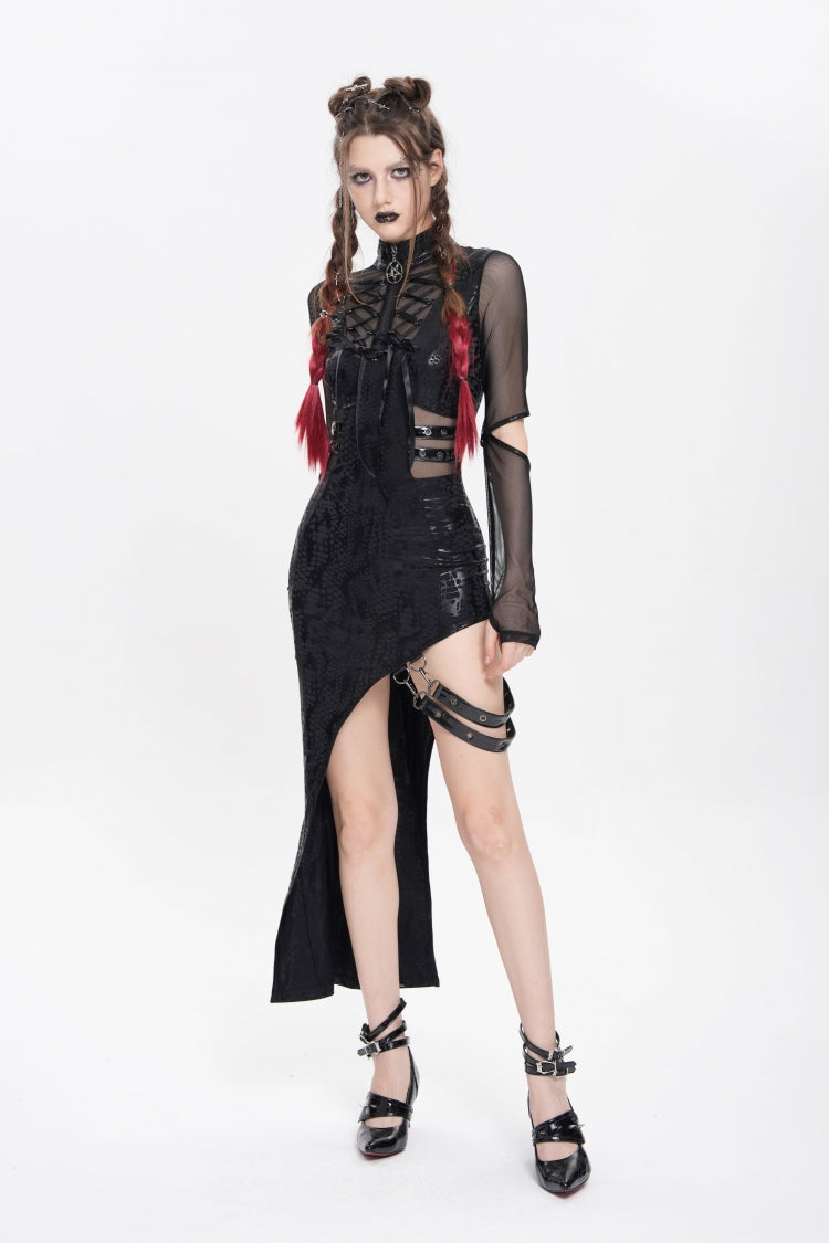 Black Stand Collar Long Sleeves Stitching Lace-Up Mesh Women's Punk Dress with Detachable Strap