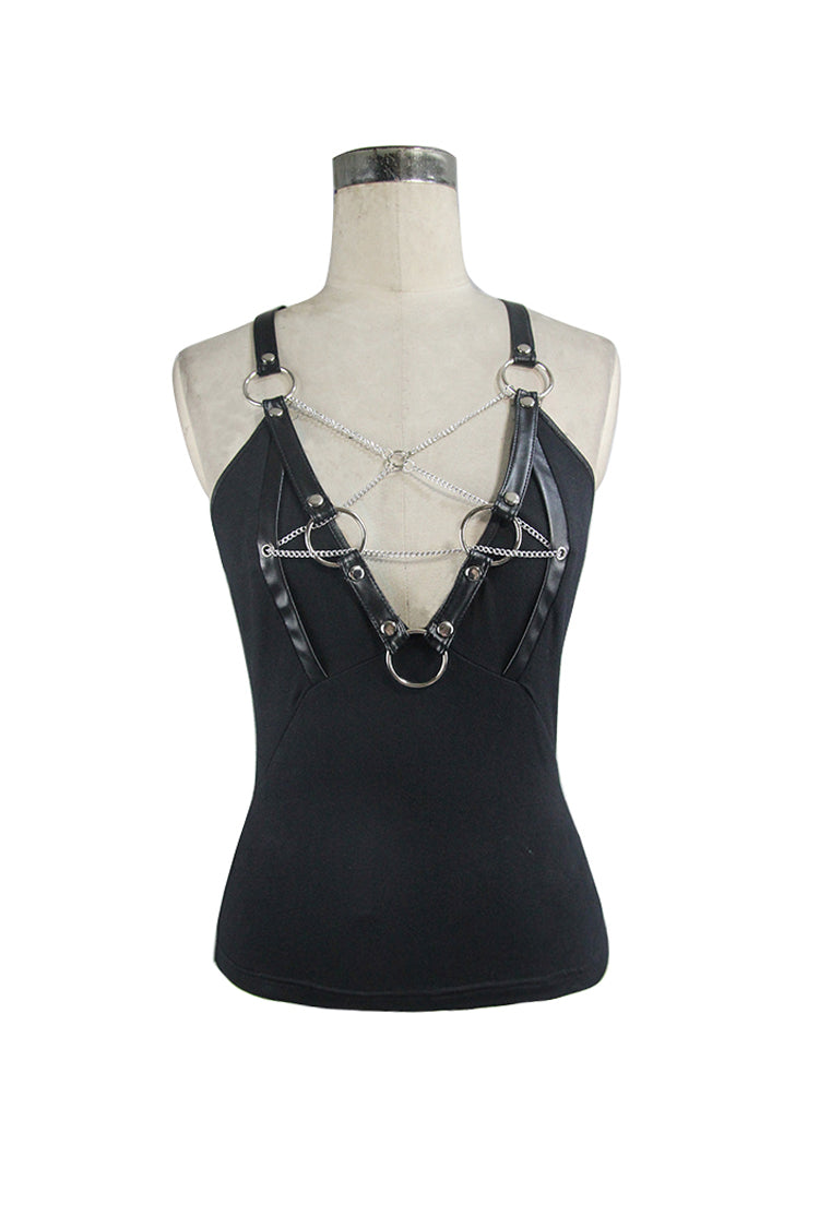 Black Chest Inverted Pentagram Chain Backless Metal Ring Leathrt Straps Women's Punk Vest