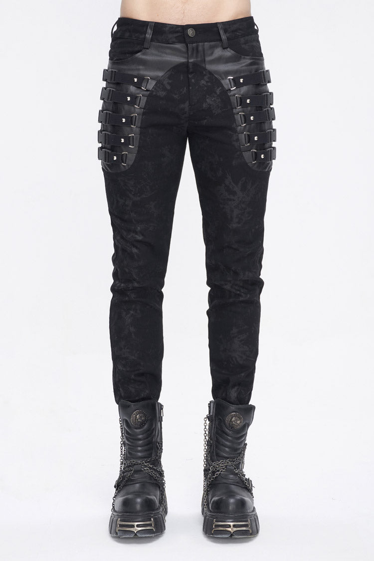 Black Multi Buckle Distressed  Print Men's Punk Pants