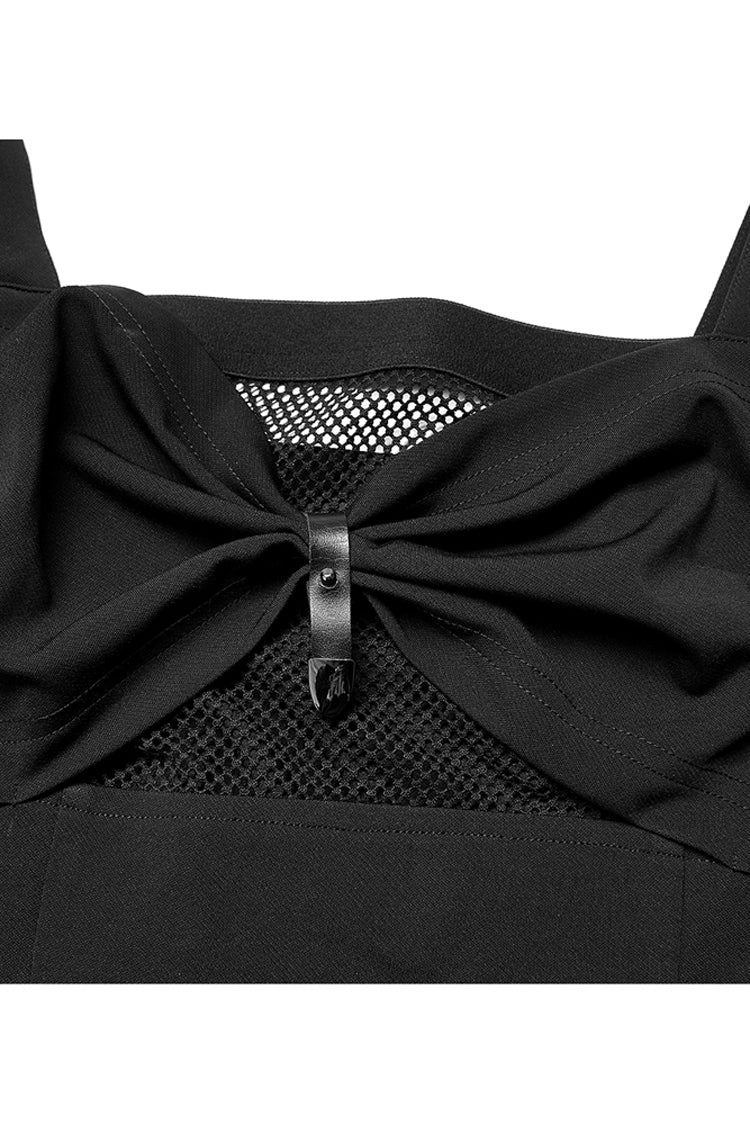 Black Suspender Hollow Mesh Metal PU Buckle Bow Design Sleeveless Women's Punk Dress