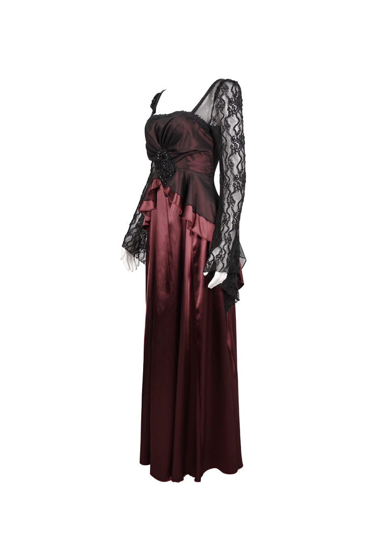 Red Lace Pointy Large Sleeves Back Middle Zipper Satin Long Floor Length Women's Gothic Dress