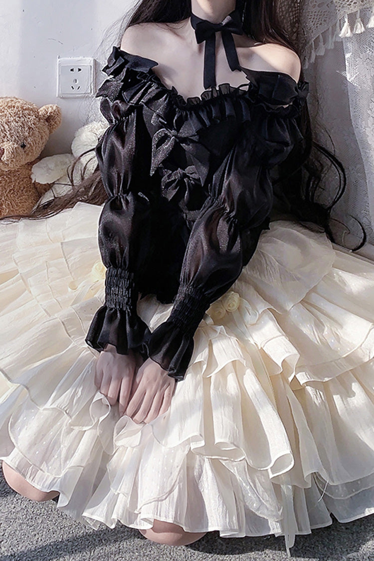 Black Top and Apricot Bowknot Sweet Princess Lolita Layered Skirt Dress
