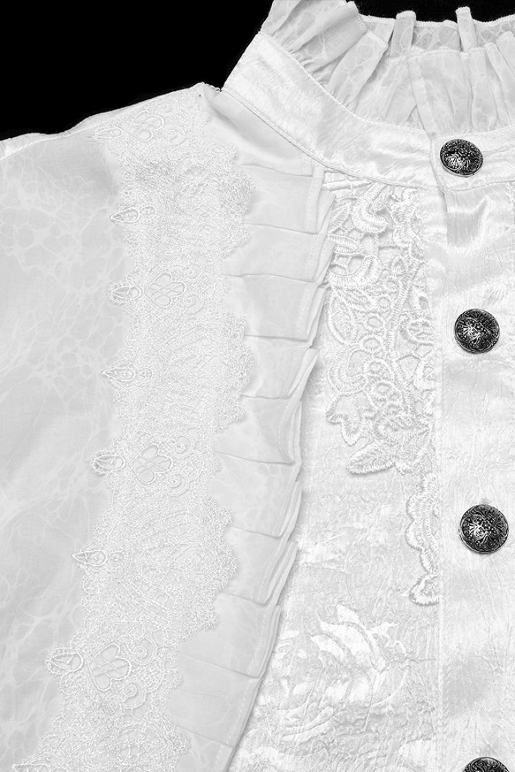 Weiße Stehkragen Lange Puffärmel Jacquard Rüschenstickerei Herren Gothic Bluse 