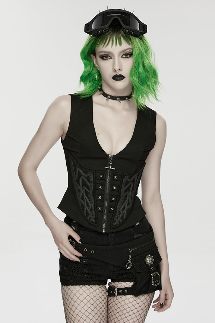 Black V Collar Sleeveless Embossed Printed Studded Zippered Women's Punk Vest