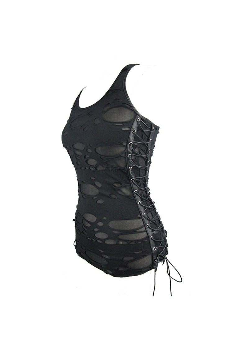 Black Broken Holes Side Lace Up Women's Punk Vest