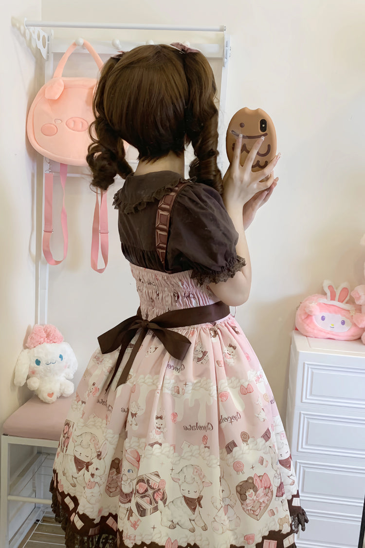 Chocolate Rosette Cat Print Bowknot Stitching Lace Sweet Lolita Jsk Dress 4 Colors