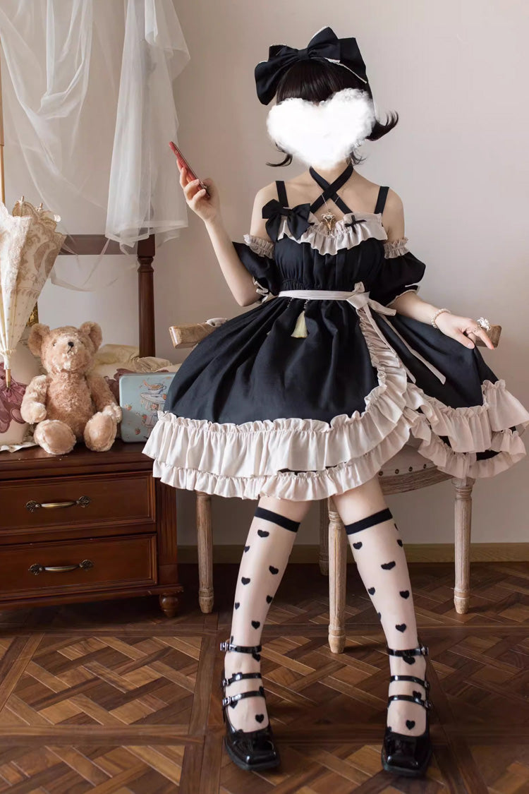 Black [Monet Estate] Sleeveless High Waisted Ruffle Bowknot Asymmetric Gothic Lolita Jsk Dress