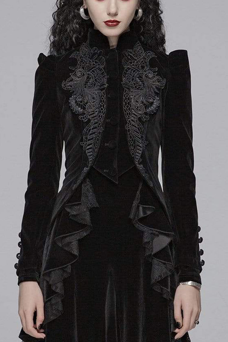 Black Velvet High Collar Front Chest Embroidery Button Long Sleeve Back Waist Lace Up Weft Women's Gothic Coat