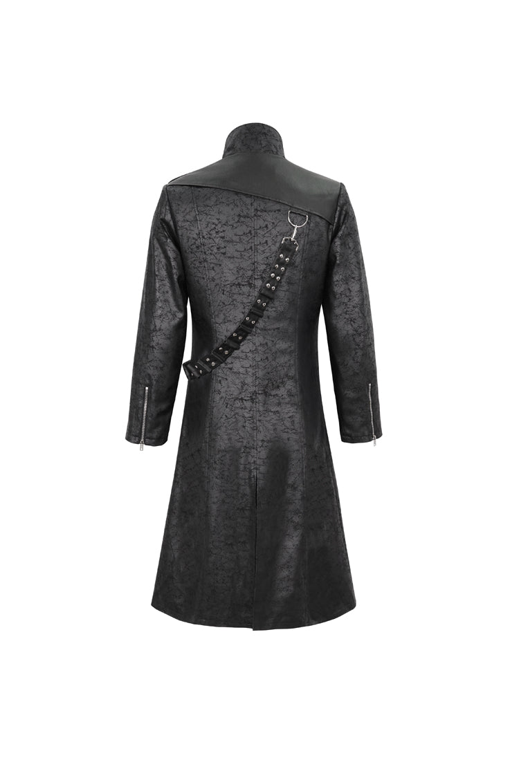 Black Stand Collar With Strap Split At The Hem Long Men's Gothic Coat