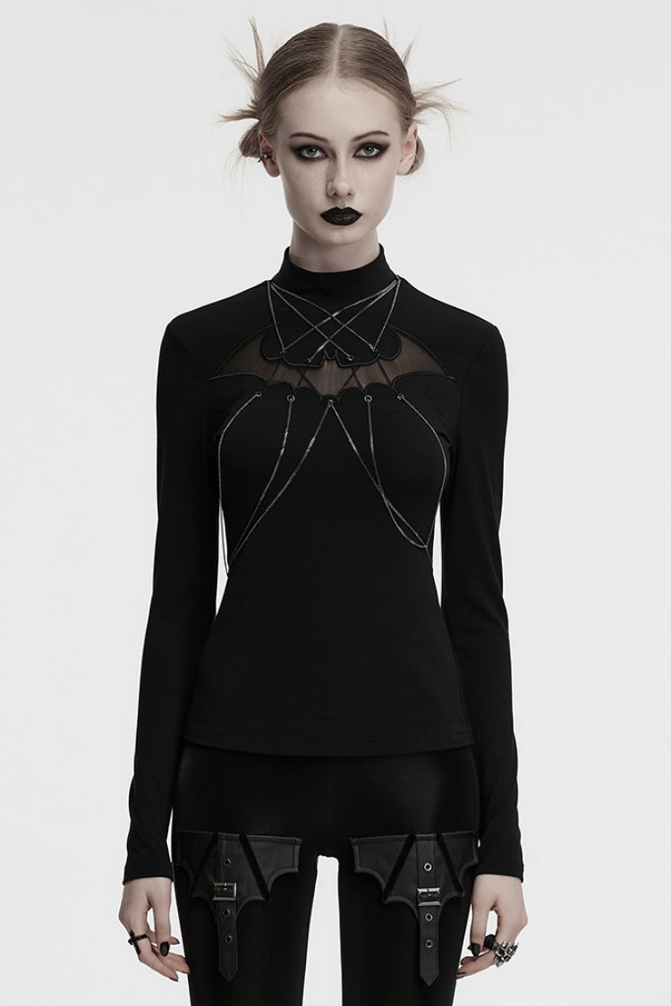 Black Stand Collar Long Sleeves Bat Stitching Mesh Chain Women's Gothic Blouse
