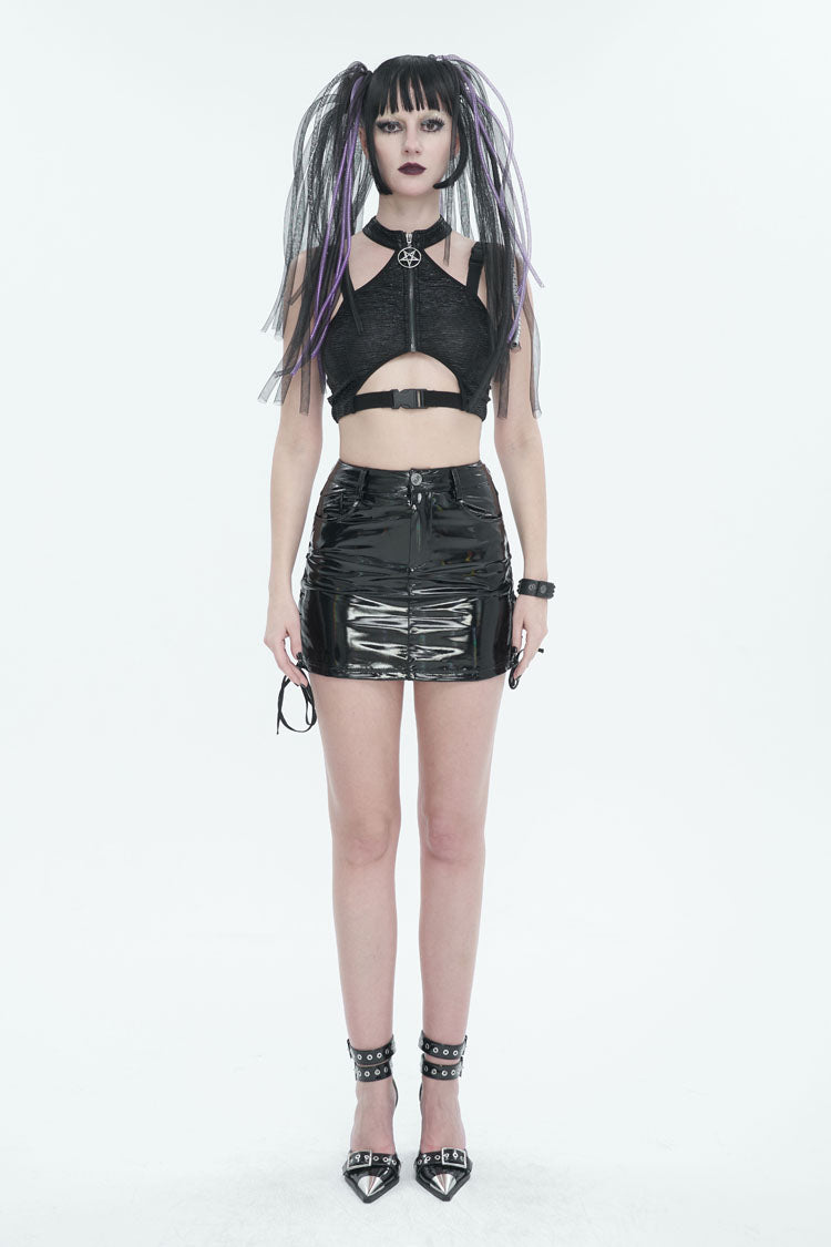 Black Iridescent Mirrored Side Slit Adjustable Women's Gothic Skirt