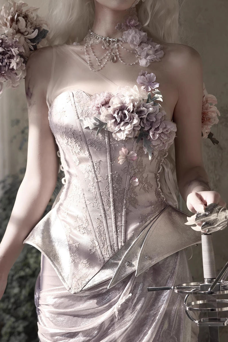 Pink [Moonlight Beast Spirit] Elf-style One-shoulder Printed 3D Floral Asymmetric Fishbone Sweet Corset