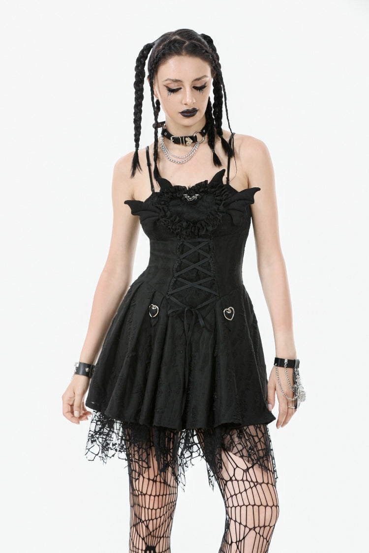 Robe gothique noire plissée sans manches en dentelle à lacets pour femmes