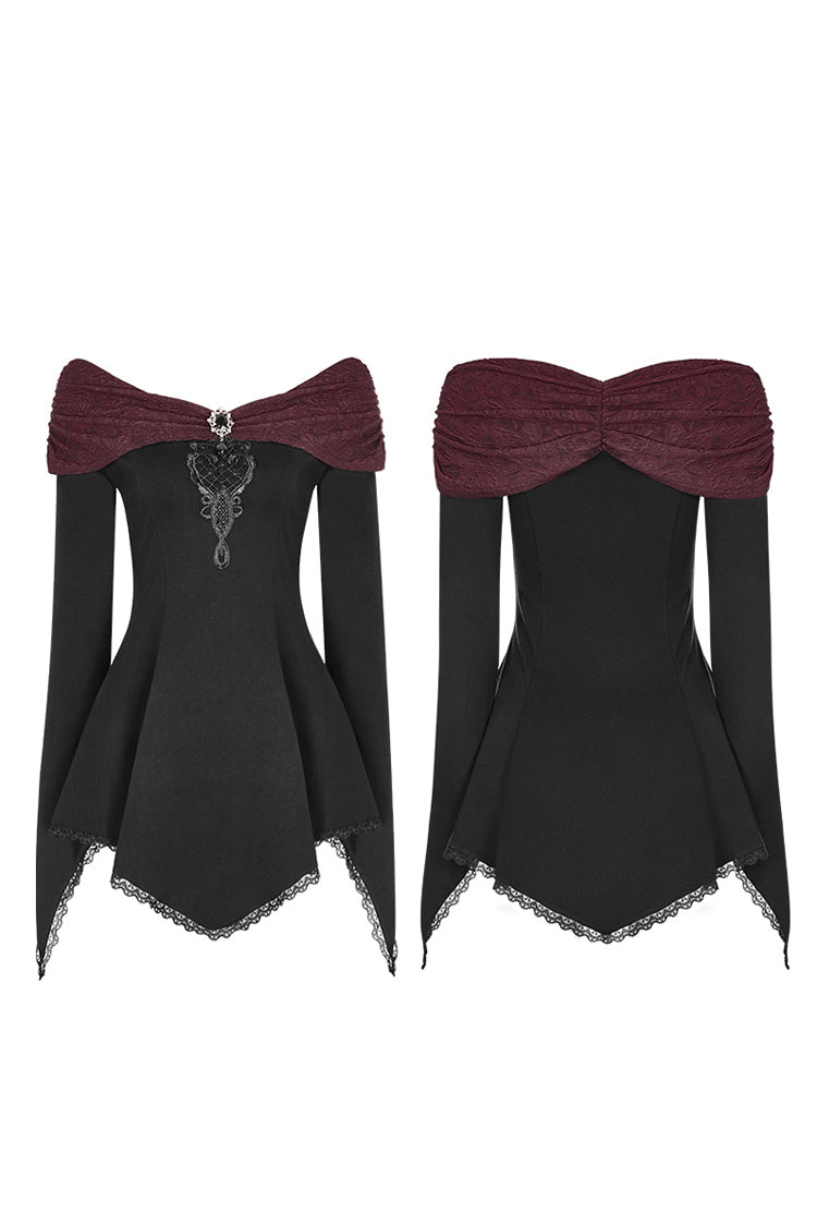 Black Bertha Neck Off Shoulder Long Sleeves Embroidery Women's Punk Blouse