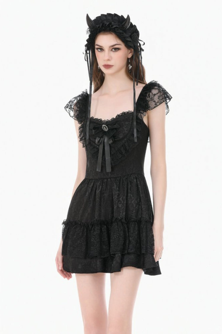Schwarzes Gothic-Kuchen-Minikleid mit flatternden Ärmeln, Jacquard-Schleife, Spitze, Rüschen und Schnürung für Damen