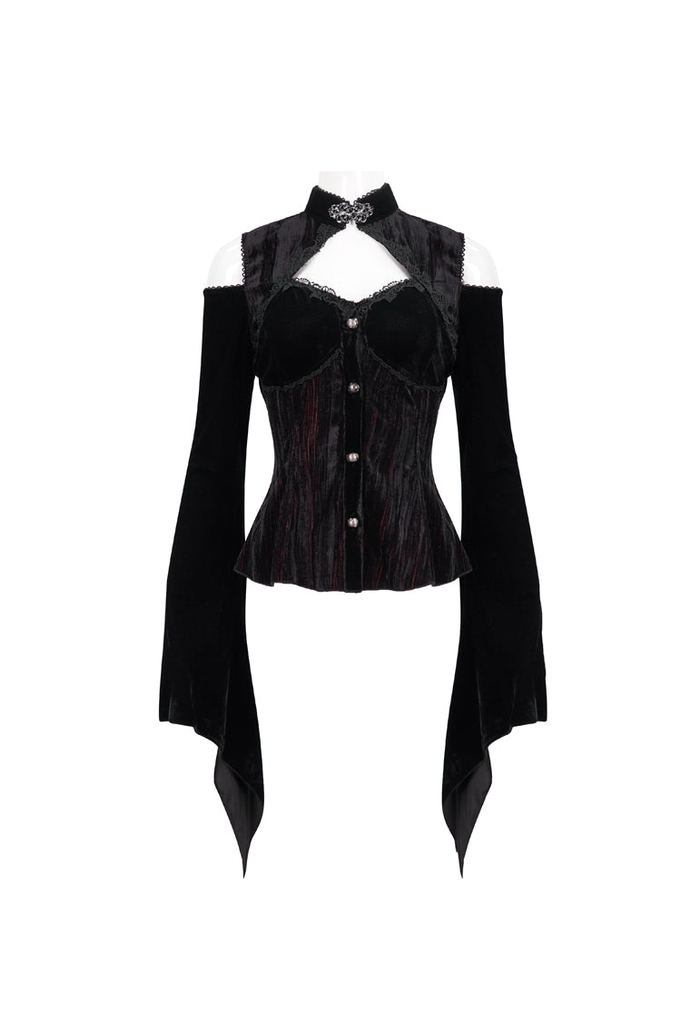 Schwarzes/rotes schulterfreies Gothic-Hemd aus Samt mit Cut-outs, Metallknöpfen, ausgestellten Ärmeln und Schnürung für Damen