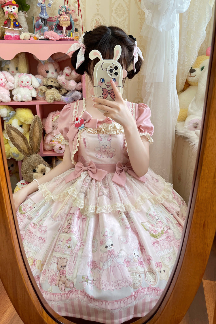 Rabbit Bear Wardrobe Print Ruffle Bowknot Sweet Lolita Dress 3 Colors