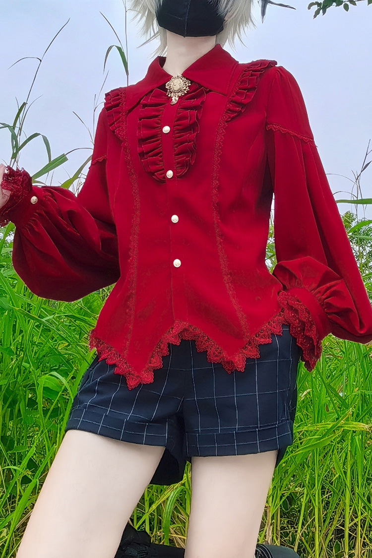 [Späte Nacht] Reverskragen Langarm Rüschen Spitze Schlanke Süße Lolita Bluse 6 Farben 